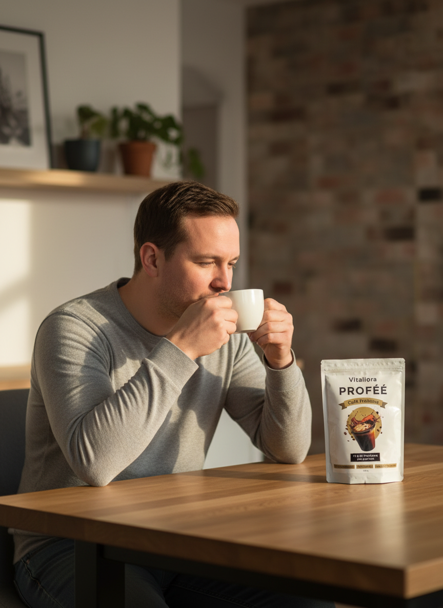 Homme buvant un café avec le produit PROFÉÉ sur la table